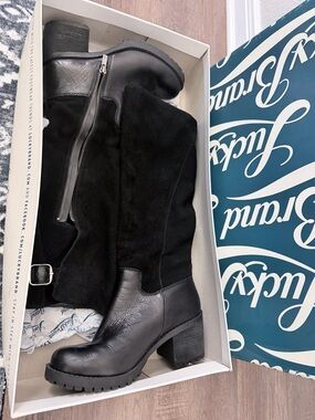 Lucky Brand Black Mid-Calf Chunky Heel Suede & Leather Boots